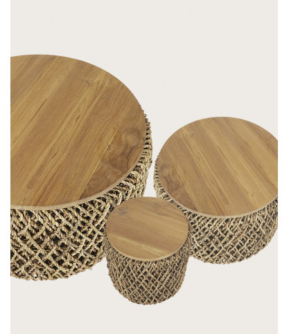 Yuda - Set di tre tavolini in legno massello di teak e intreccio a banana con contenitore