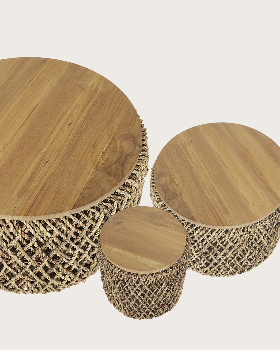 Yuda - Set of three solid teak and banana weave tables with storage