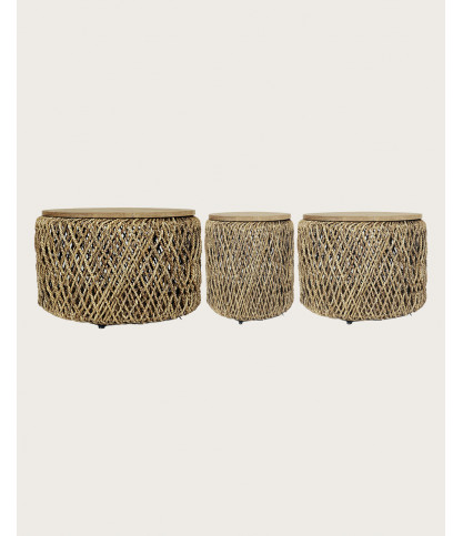 Yuda - Set of three solid teak and banana weave tables with storage