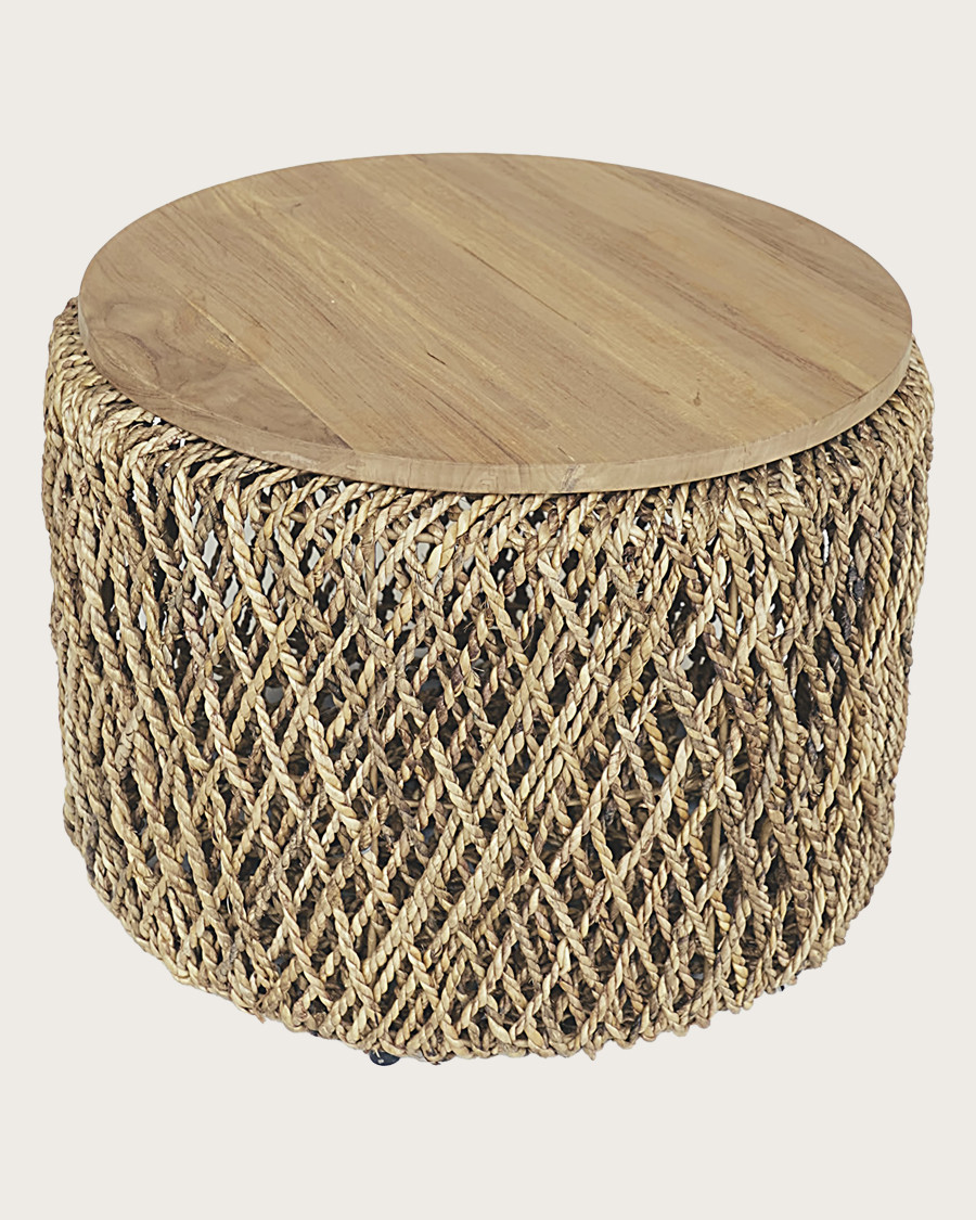 Yuda - Set di tre tavolini in legno massello di teak e intreccio a banana con contenitore