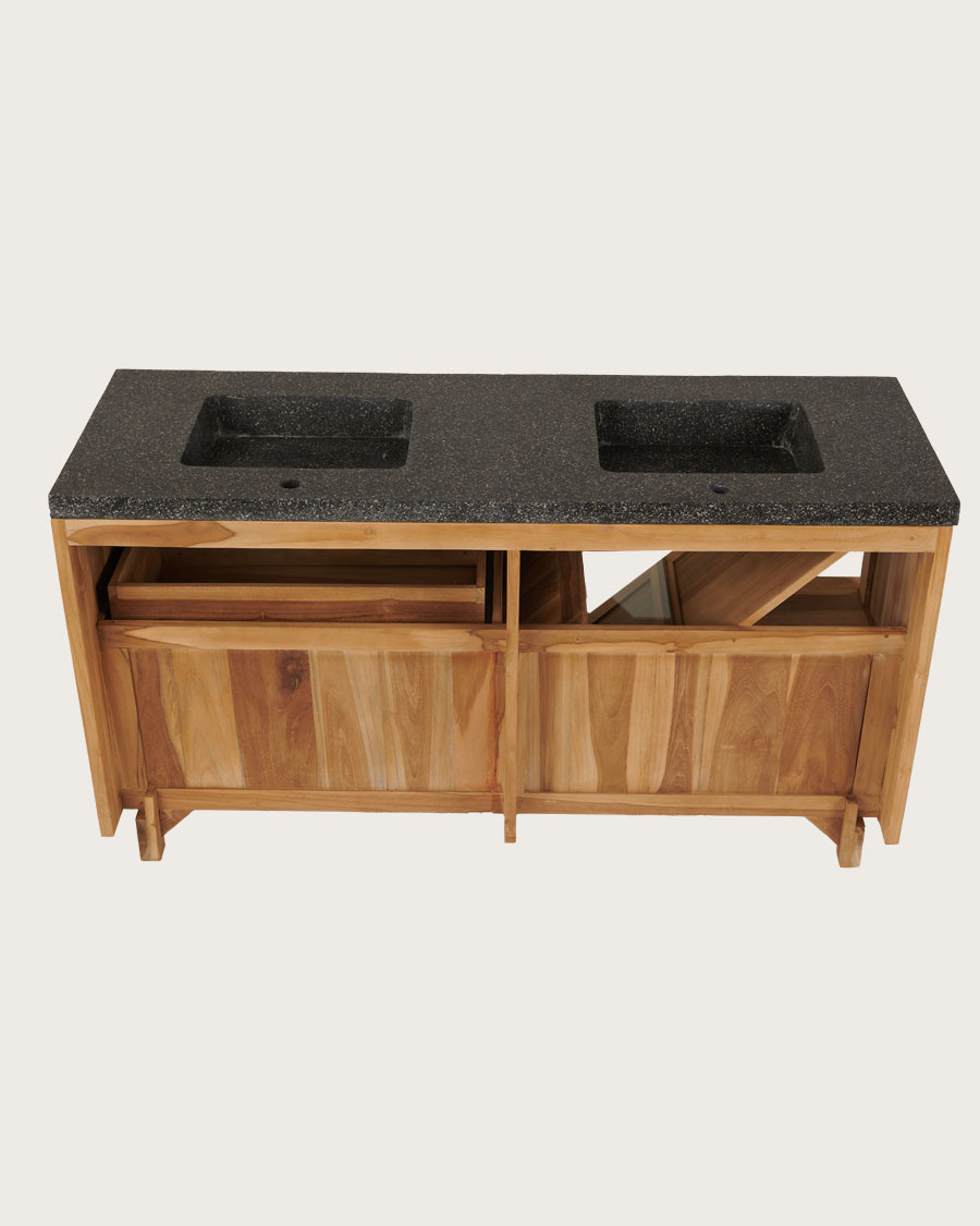 Diva - Badezimmerschrank aus Teakholz und schwarzem Terrazzomarmor 145 cm