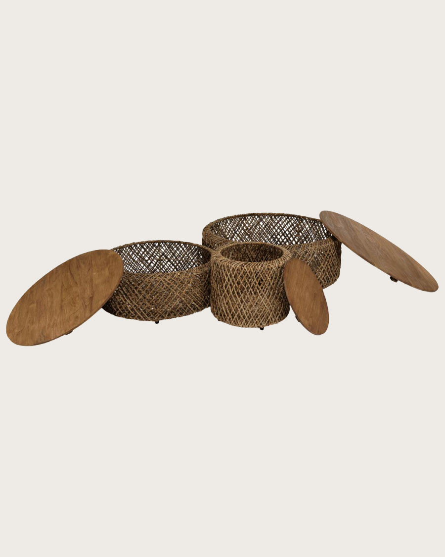 Yuda - Set of three solid teak and banana weave tables with storage