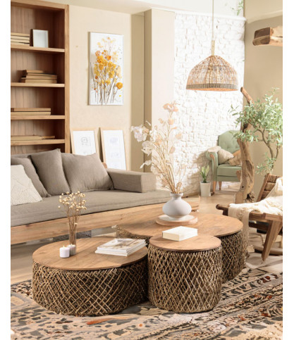 Yuda - Set of three solid teak and banana weave tables with storage