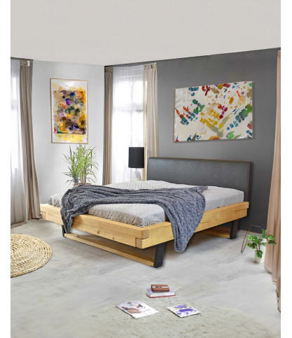 Bakara - Cama de madera maciza de abeto y vigas de metal negro de 160 cm