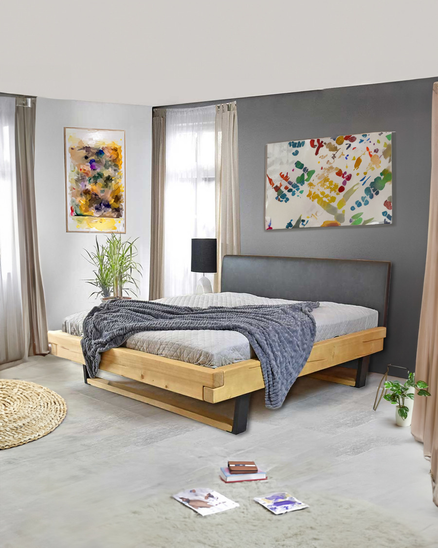 Bakara - Cama con vigas de madera maciza de abeto y metal negro