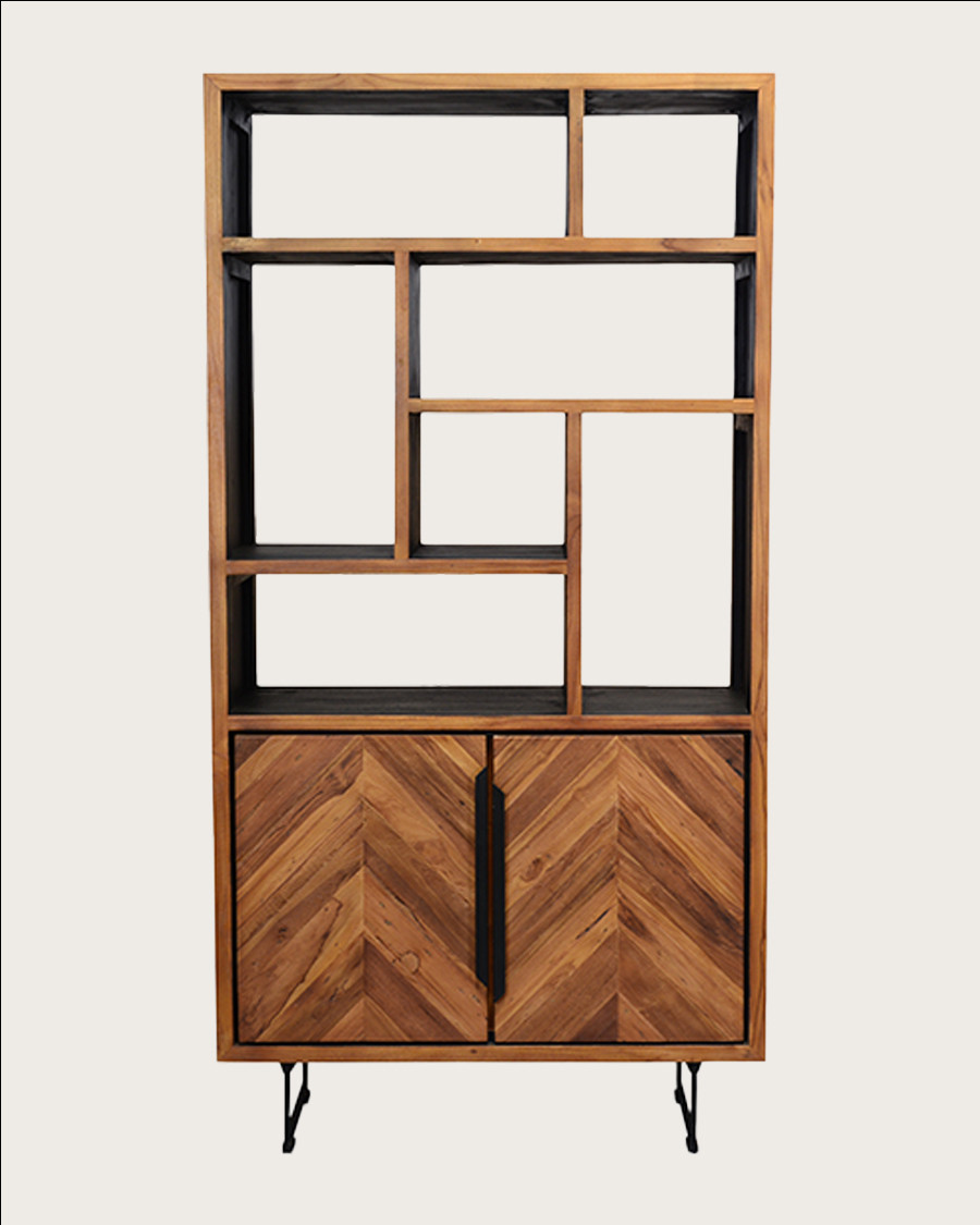 Kappa - Small industrial bookcase in reclaimed teak maffis with chevron pattern 100 cm