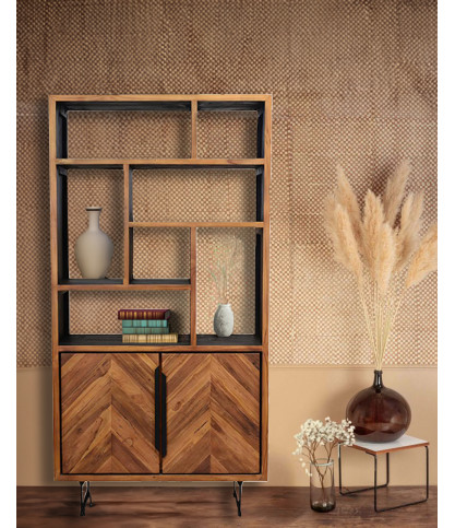 Kappa - Kleines industrielles Bücherregal aus recyceltem Teak-Maffis mit Fischgrätenmuster 100 cm