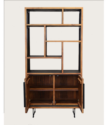 Kappa - Small industrial bookcase in reclaimed teak maffis with chevron pattern 100 cm
