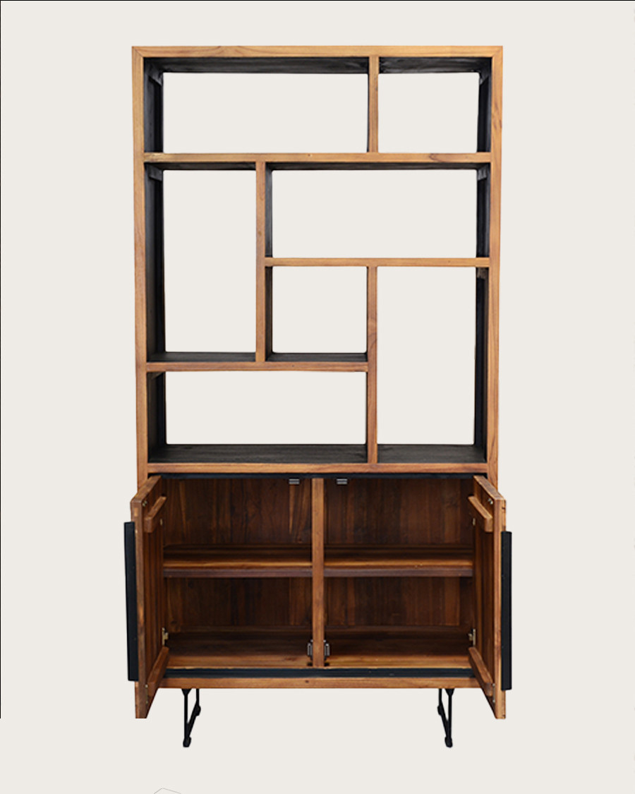 Kappa - Small industrial bookcase in reclaimed teak maffis with chevron pattern 100 cm