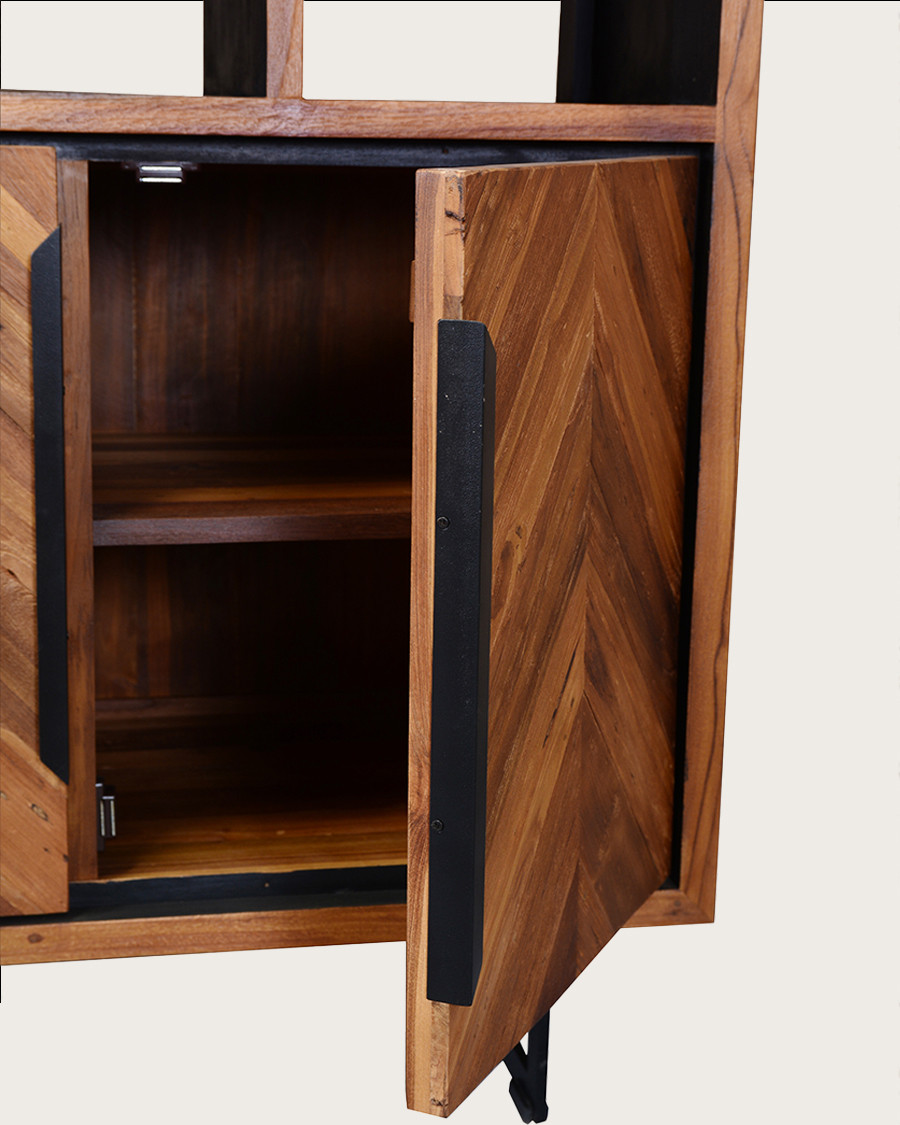 Kappa - Librería industrial pequeña de teca reciclada con estampado de espiga