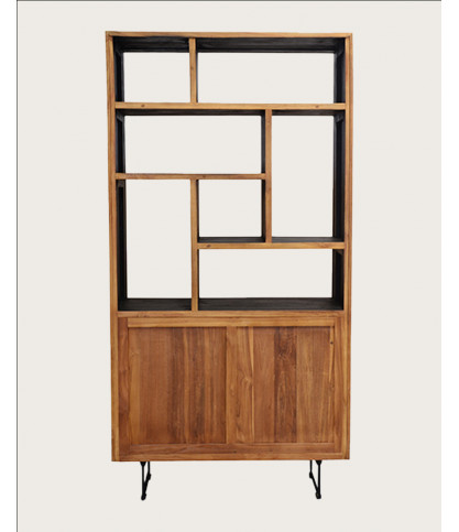 Kappa - Small industrial bookcase in reclaimed teak maffis with chevron pattern 100 cm