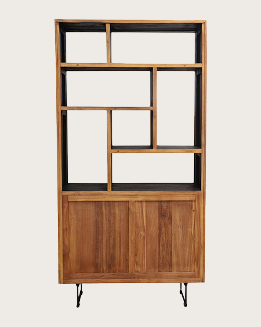 Kappa - Small industrial bookcase in reclaimed teak maffis with chevron pattern 100 cm