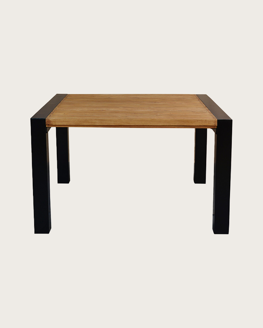 Arche - Mesa de comedor cuadrada de teca maciza y metal, 130 cm de largo, 8 personas.