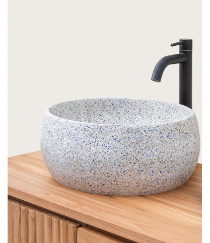 Lava - Hochwertiges weißes Terrazzo Marmorwaschbecken mit grauen und blauen Akzenten