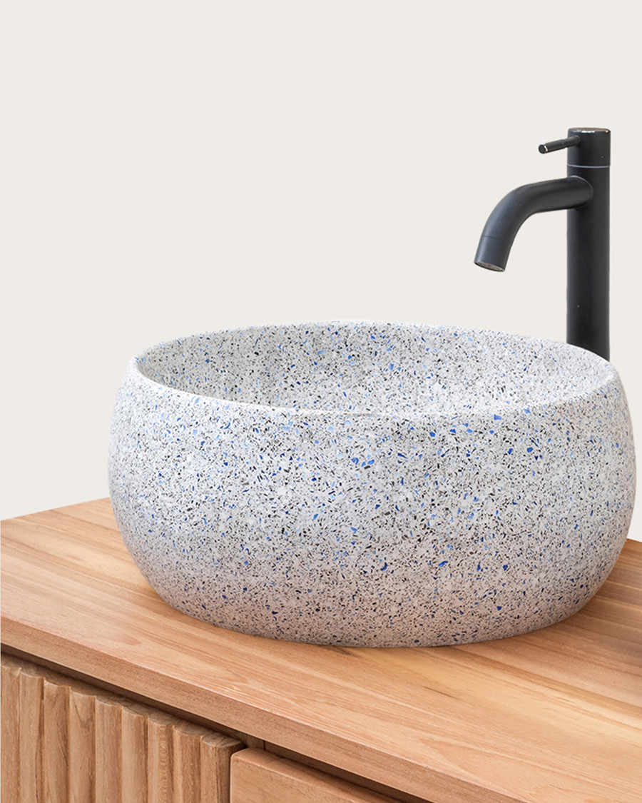 Lava - Hochwertiges weißes Terrazzo Marmorwaschbecken mit grauen und blauen Akzenten