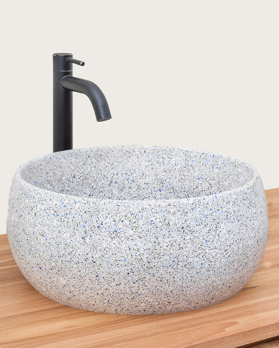 Lava - Hochwertiges weißes Terrazzo Marmorwaschbecken mit grauen und blauen Akzenten