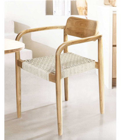 Kimo - Silla de teca maciza y cuerda beige-marrón