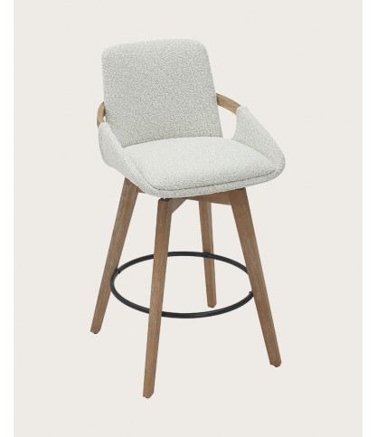 Saly - Bar stool in bouclé fabric and wooden legs
