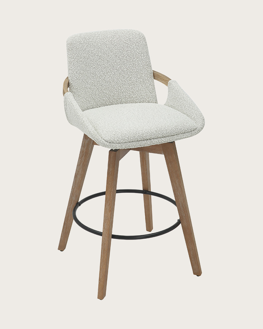 Saly - Taburete de bar en tejido bouclé y patas de madera