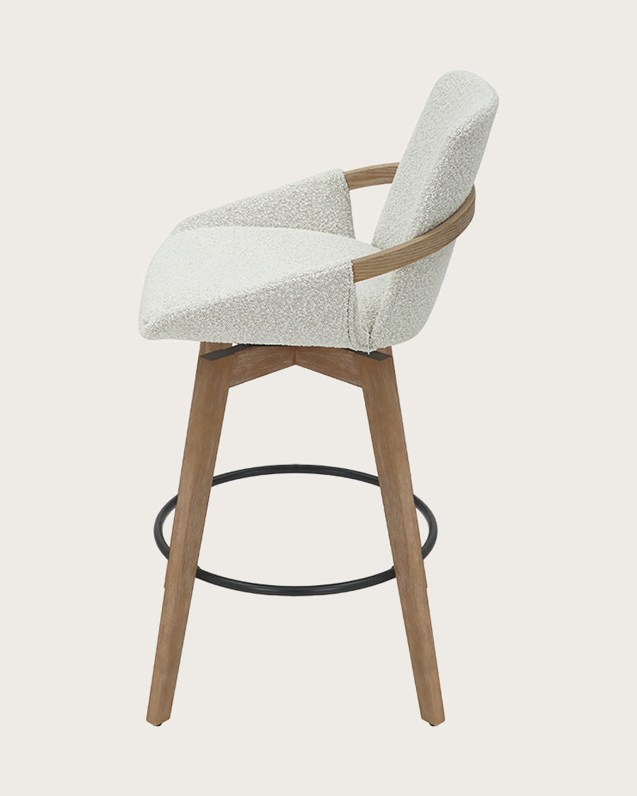 Saly - Bar stool in bouclé fabric and wooden legs