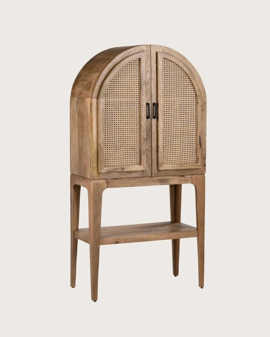 Wine cabinet - Mobile bar in legno massello di mango con intreccio in vimini naturale