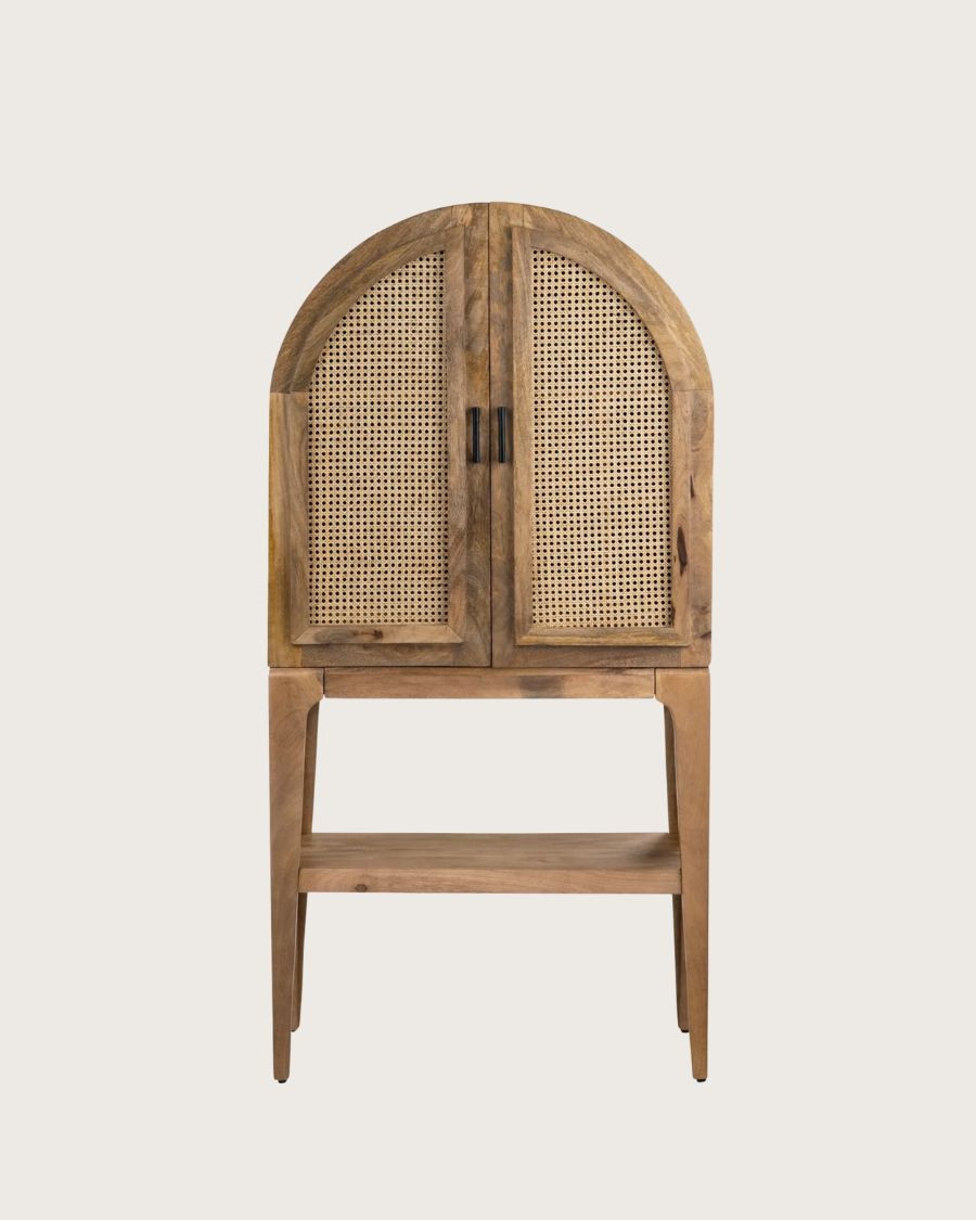 Mobile portabottiglie - Mobile bar in legno massello di mango con intreccio in vimini naturale