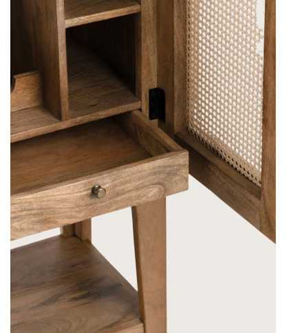 Wine cabinet - Barschrank aus massivem Mangoholz mit natürlichem Flechtwerk