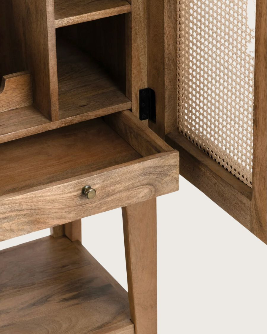 Mobile portabottiglie - Mobile bar in legno massello di mango con intreccio in vimini naturale