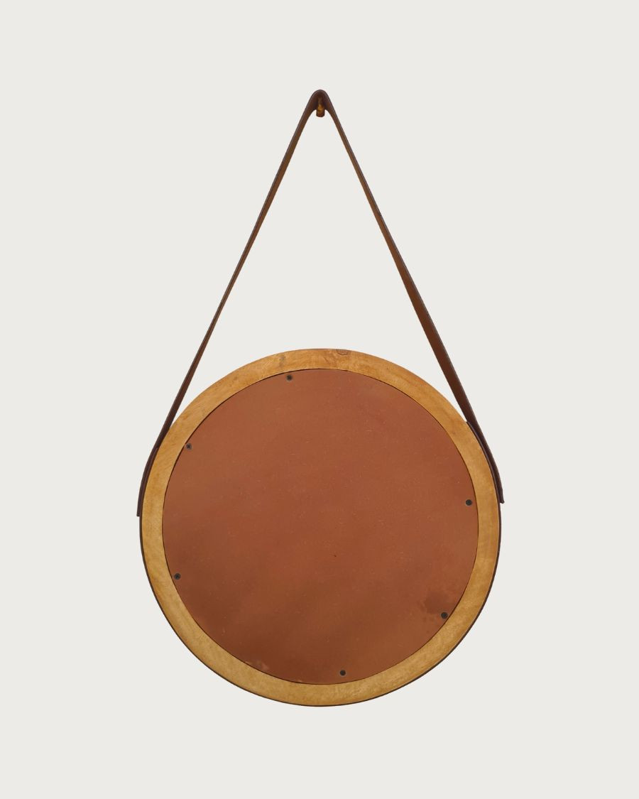Brio - Specchio da bagno rotondo in legno con cinturino in pelle