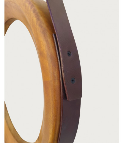 Brio - Specchio da bagno rotondo in legno con cinturino in pelle