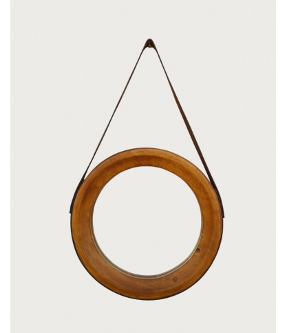 Brio - Round bathroom mirror in wood with leather strap