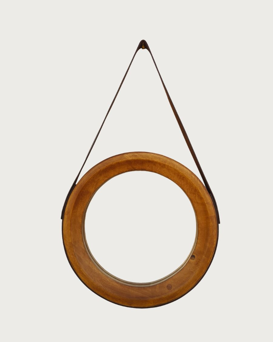 Brio - Specchio da bagno rotondo in legno con cinturino in pelle