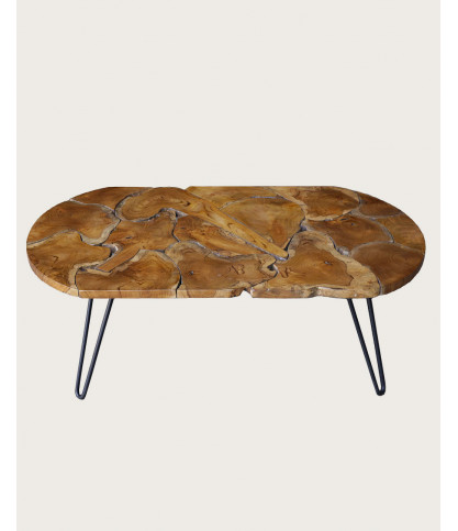 Carmen - Mesa de centro ovalada de teca con diseño de rompecabezas