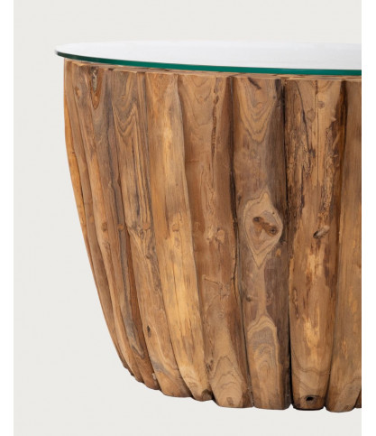 Woodle - Mesa de centro de madera maciza con tapa de cristal