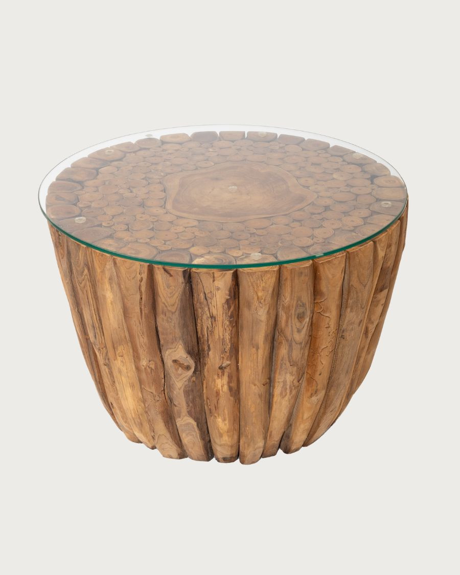 Woodle - Tavolino da caffè in legno massello con piano in vetro