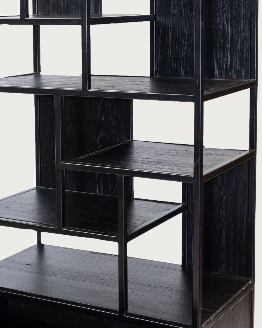 Como - Large industrial shelf in solid teak and black metal