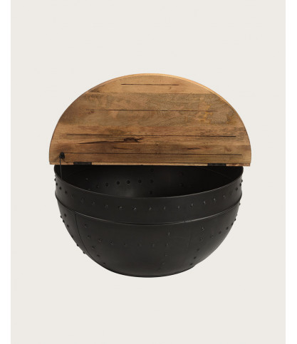 Lasco - Table basse coffre ronde en métal et bois