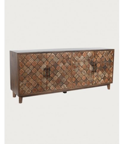 Low sideboard in solid mango wood, wood mosaic details