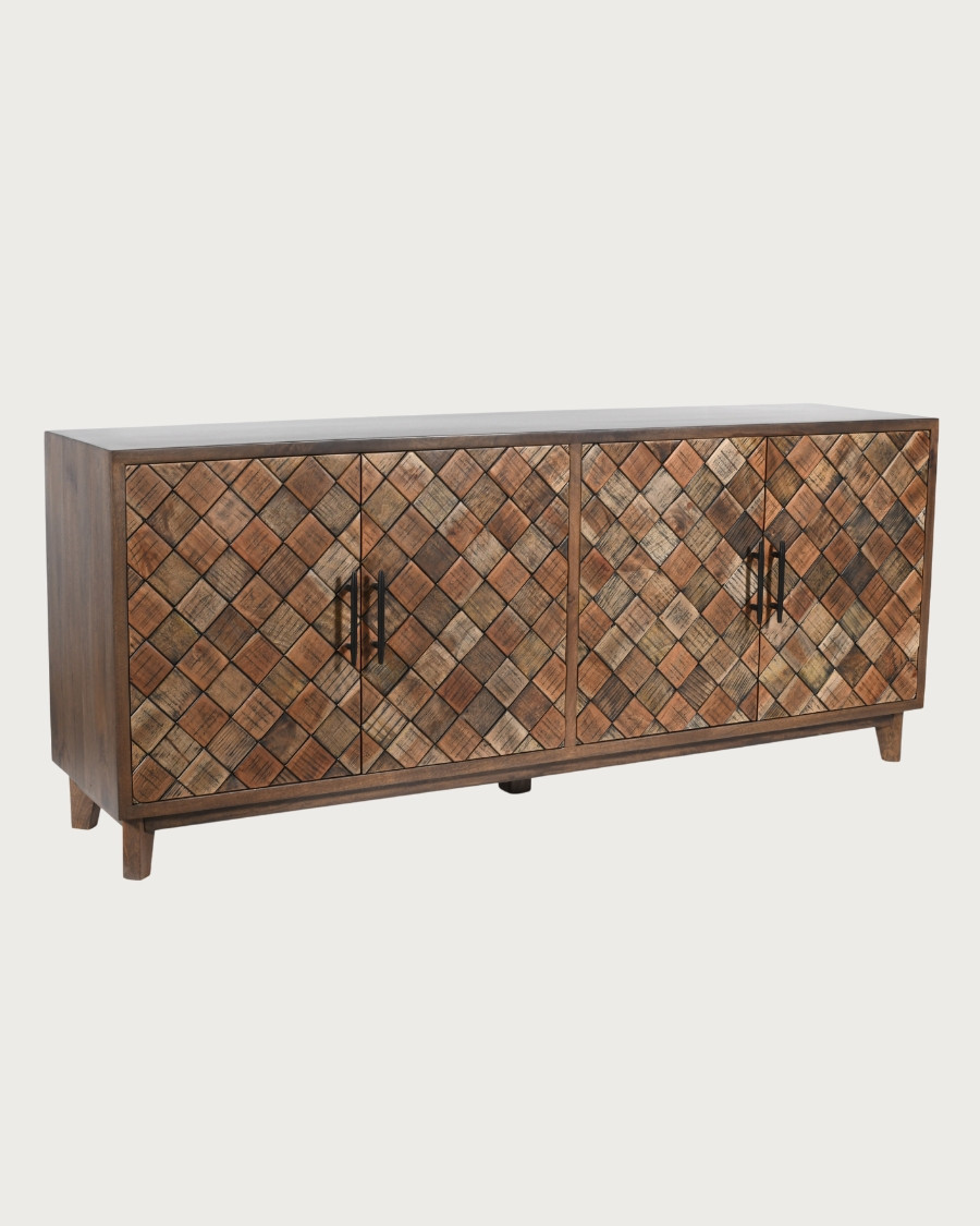 Credenza bassa in legno massello di mango con dettagli a mosaico in legno.
