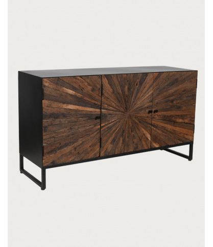 Mandala - Low 3-door sideboard in recycled teak and black metal, 145 cm