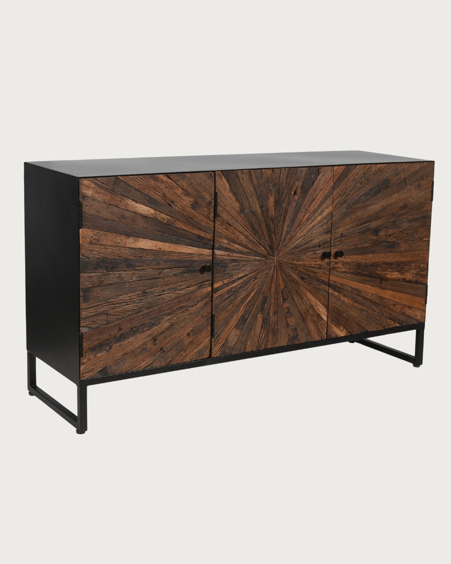 Mandala - Low 3-door sideboard in recycled teak and black metal, 145 cm