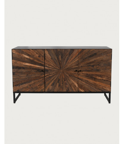 Mandala - Credenza bassa a 3 ante in teak riciclato e metallo nero, 145 cm
