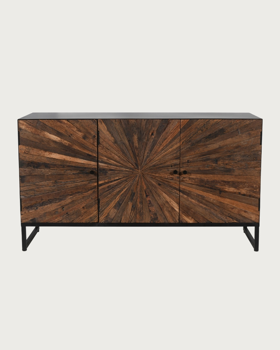 Mandala - Aparador bajo de 3 puertas en teca reciclada y metal negro, 145 cm