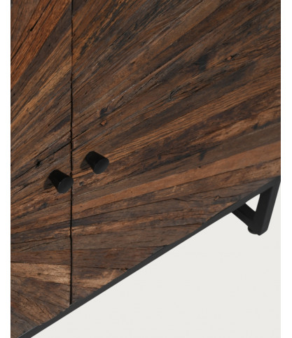 Mandala – Niedriges 3-türiges Sideboard aus recyceltem Teakholz und schwarzem Metall, 145 cm