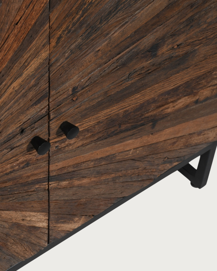 Mandala – Niedriges 3-türiges Sideboard aus recyceltem Teakholz und schwarzem Metall, 145 cm