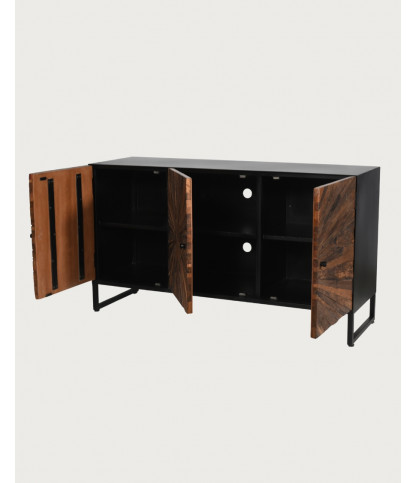 Mandala - Credenza bassa a 3 ante in teak riciclato e metallo nero, 145 cm