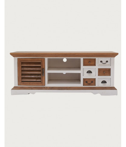 Inda - TV Ständer aus massivem Sungkai Holz, weiß und natur, 140 cm