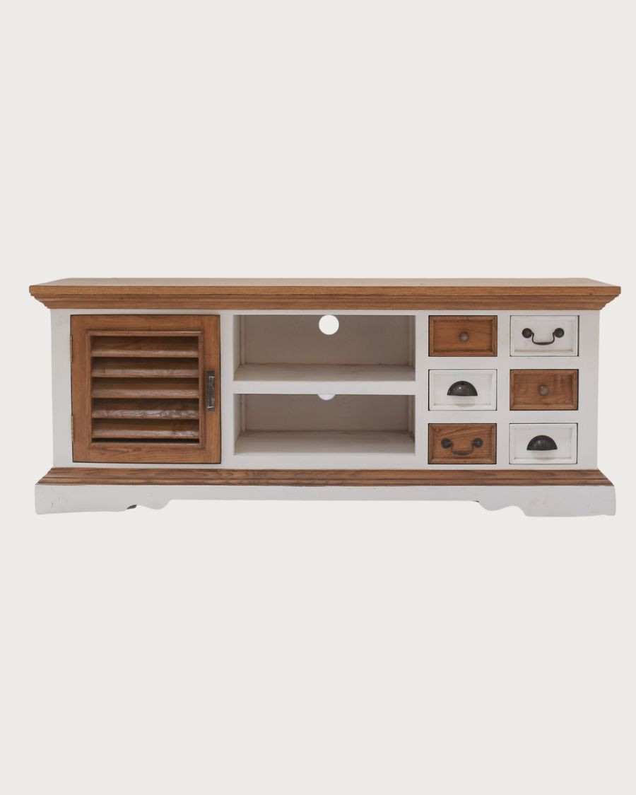 Inda - TV Ständer aus massivem Sungkai Holz, weiß und natur, 140 cm