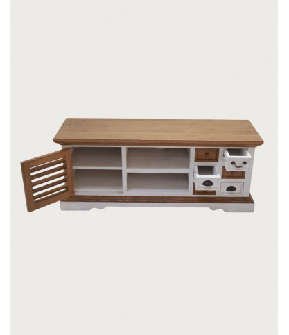 Inda - Mueble de TV de madera maciza Sungkai en blanco y natural 140 cm
