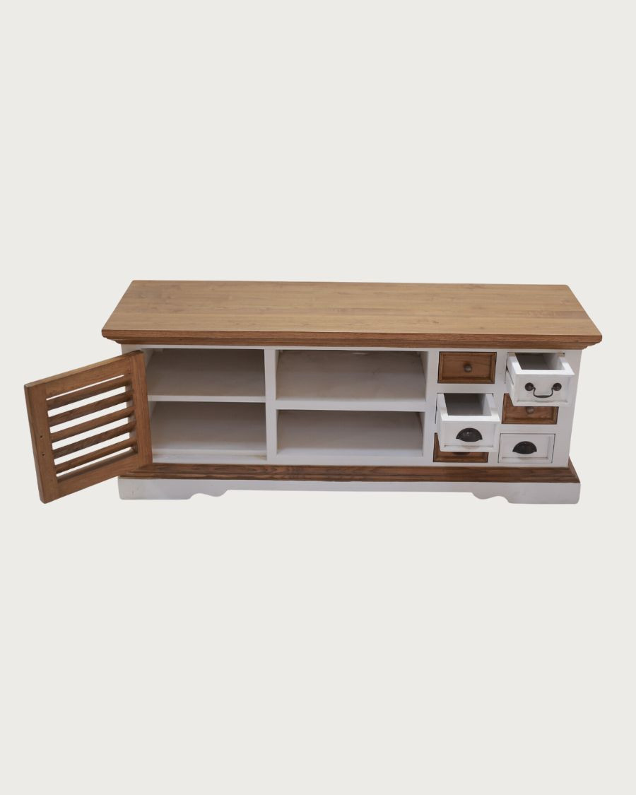 Inda - TV Ständer aus massivem Sungkai Holz, weiß und natur, 140 cm